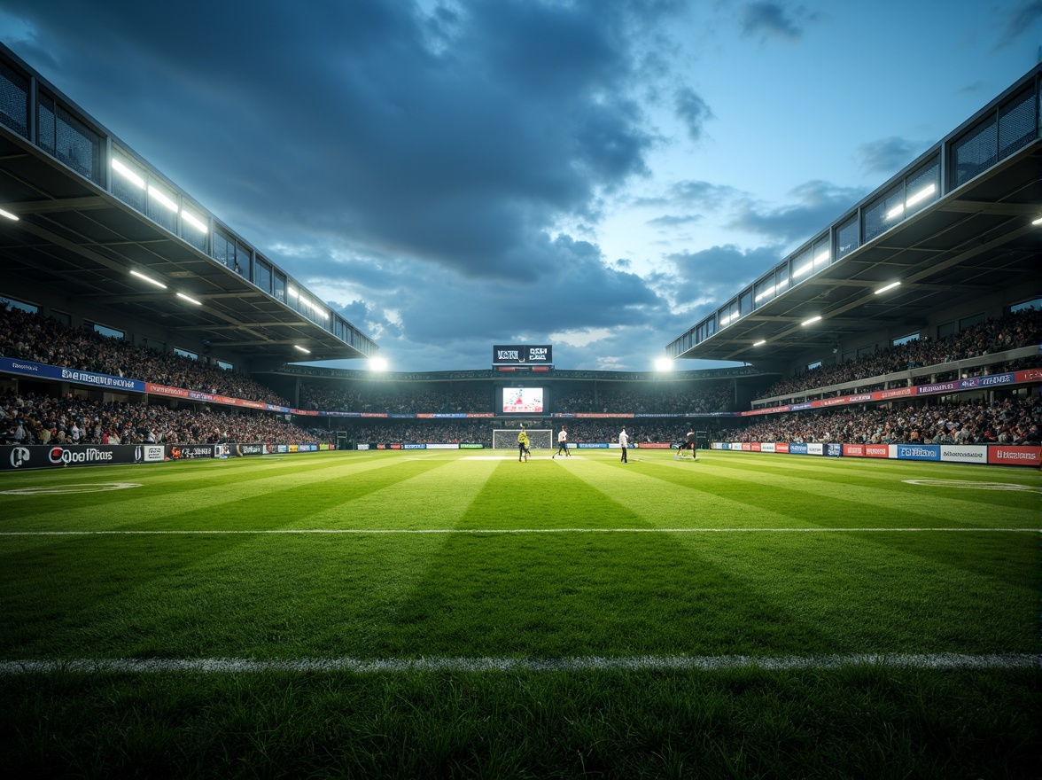 Prompt: Stadium atmosphere, lush green grass, athletic tracks, sports equipment, goalposts, floodlights, LED lighting, warm color temperature, high-contrast ratio, dramatic shadows, dynamic movement, fast-paced action, evening games, misty night air, 1/2 composition, low-angle shot, realistic textures, ambient occlusion.