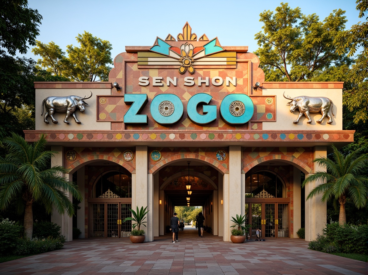 Prompt: Vibrant zoo entrance, ornate Art Deco facade, geometric patterns, metallic accents, bold typography, exotic animal sculptures, lush greenery, tropical plants, colorful tile work, intricate mosaics, grand archways, ornamental gates, majestic stone columns, warm golden lighting, shallow depth of field, 1/1 composition, symmetrical view, realistic textures, ambient occlusion.