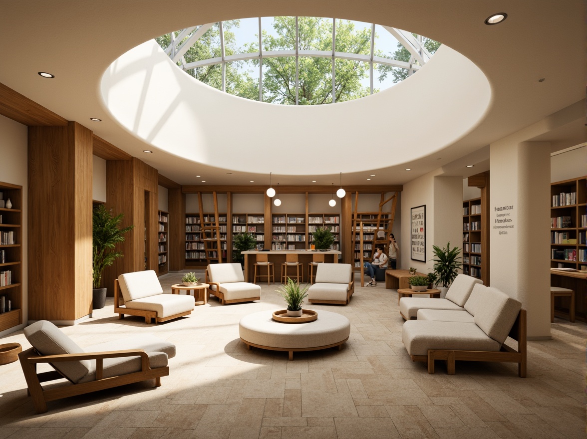 Prompt: Cozy reading nooks, floor-to-ceiling windows, abundant natural light, warm wood tones, comfortable seating areas, quiet study zones, bookshelves with ladder access, soft carpeting, earthy color palette, minimalist decor, clerestory windows, skylights, solar tubes, energy-efficient lighting systems, flexible reading spaces, collaborative work areas, inspirational quotes, motivational artwork, peaceful atmosphere, warm beige walls, rich wood accents, plush furnishings, inviting entranceways, open floor plans, flowing curves, organic shapes, natural stone flooring, subtle textures, calming ambiance.