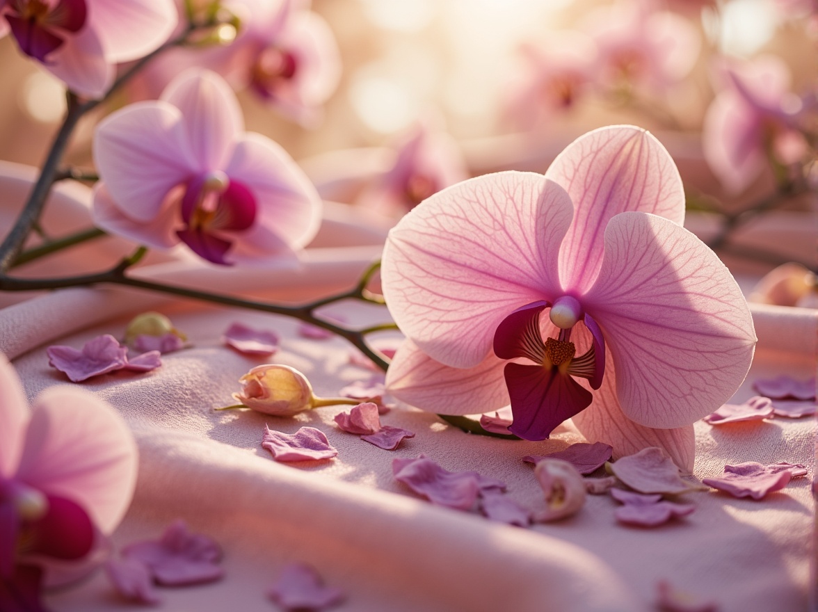 Prompt: Exquisite orchid-inspired color palette, soft pastel hues, delicate petals, subtle sheen, luxurious fabrics, velvety textures, whimsical patterns, elegant florals, refined lines, sophisticated ambiance, warm golden lighting, shallow depth of field, 1/1 composition, realistic renderings, ambient occlusion.