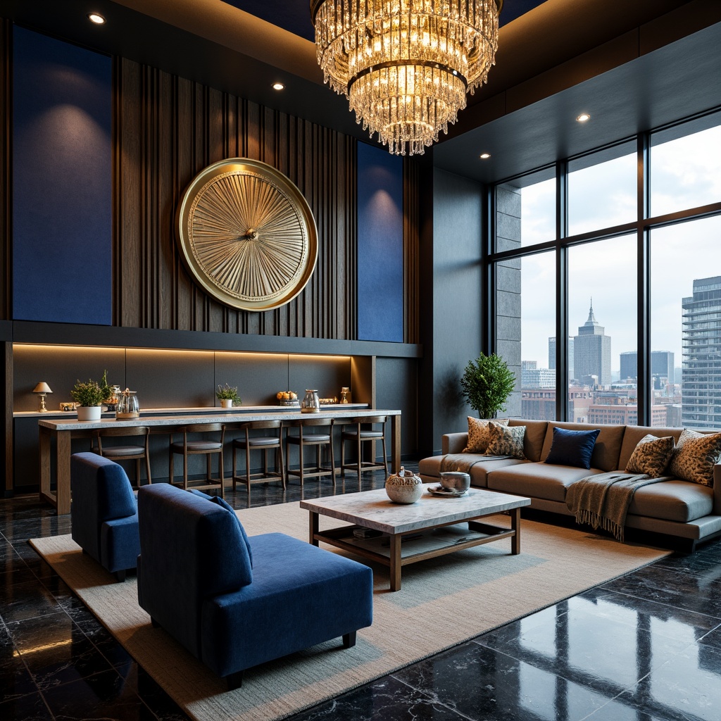 Prompt: \Navy blue accent walls, rich wood textures, luxurious velvet fabrics, metallic gold decorations, ornate crystal chandeliers, sophisticated modern furniture, sleek marble countertops, dramatic floor-to-ceiling windows, urban cityscape views, cloudy grey skies, soft warm lighting, shallow depth of field, 1/1 composition, realistic reflections, ambient occlusion.\