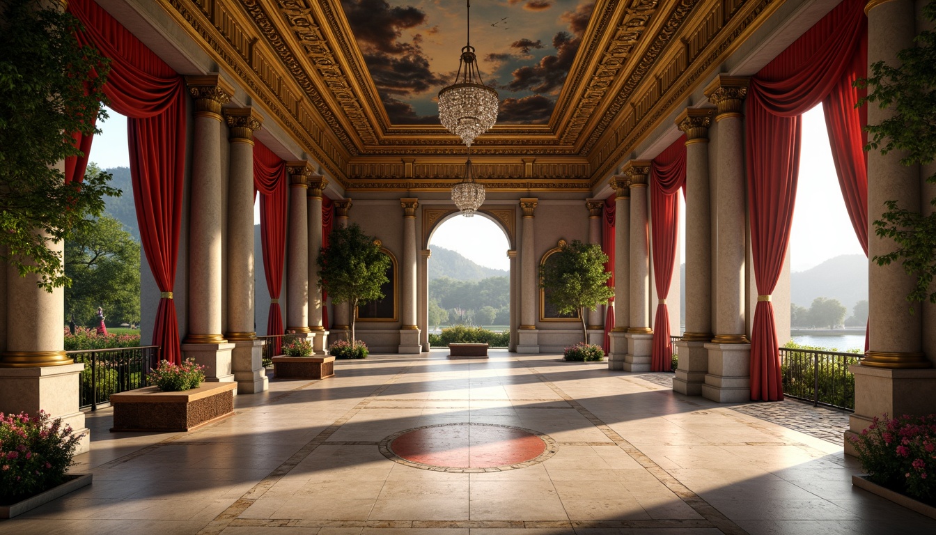 Prompt: Grand Renaissance-style gallery, ornate golden frames, lavish velvet drapes, marble floors, crystal chandeliers, majestic stone columns, intricate fresco ceilings, soft warm lighting, shallow depth of field, 3/4 composition, panoramic view, realistic textures, ambient occlusion, serene natural landscape, rolling hills, lush greenery, vibrant flowers, tranquil lake, misty morning, warm sunlight, gentle breeze, rustic wooden benches, meandering stone pathways.