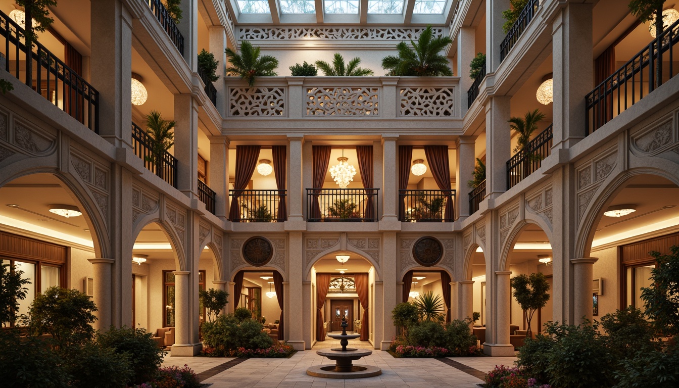 Prompt: Grandiose hotel facade, ornate columns, intricately carved stonework, symmetrical architecture, majestic entrance, opulent chandeliers, lavish balconies, elegant archways, refined moldings, subtle cornices, soft warm lighting, shallow depth of field, 1/1 composition, realistic textures, ambient occlusion, luxurious materials, marble floors, velvet drapes, gilded accents, ornamental fountains, serene courtyard, lush greenery, vibrant flowers.