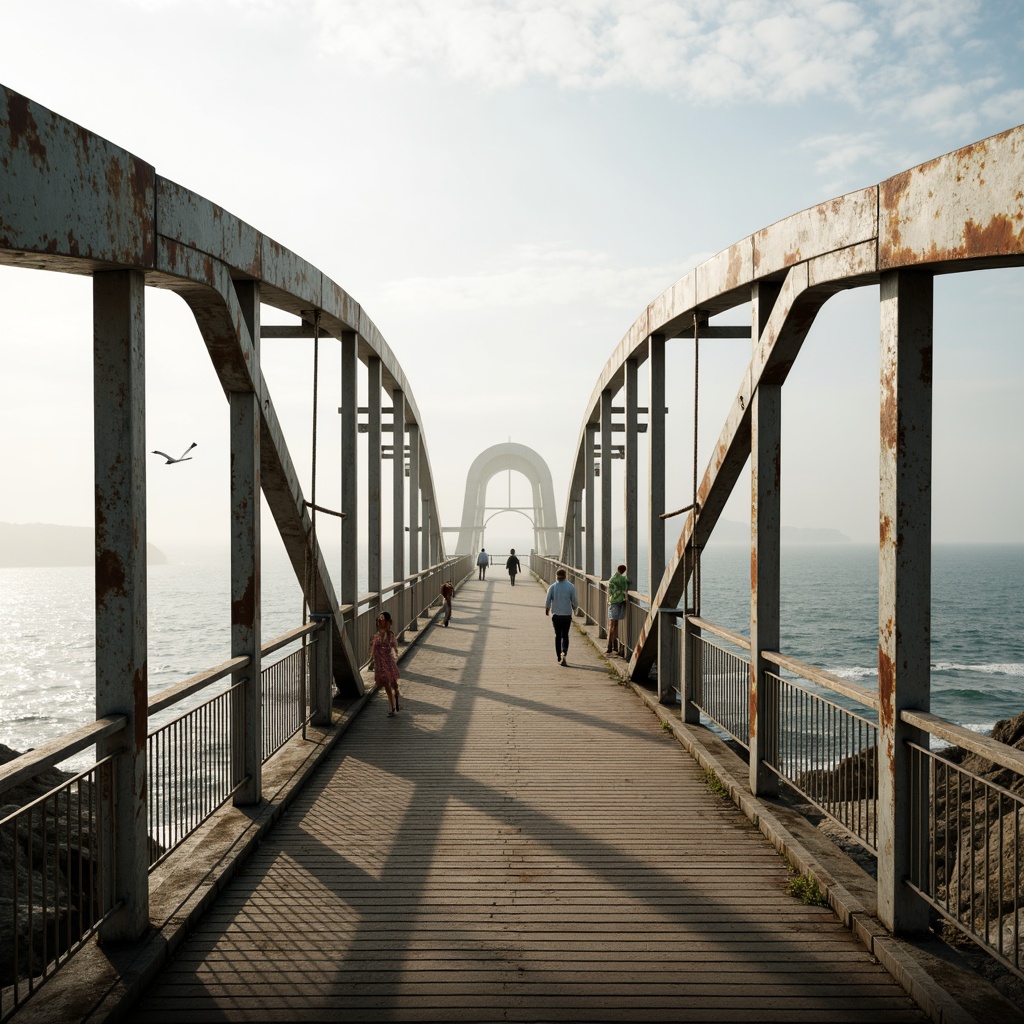 Prompt: Curved coastal bridge, sleek metallic structures, geometric shapes, intersecting arches, suspended walkways, ocean views, salty sea air, misty mornings, warm sunlight, soft shadows, 1/1 composition, symmetrical balance, minimalist aesthetic, weathered steel surfaces, rust-colored accents, nautical ropes, wooden planks, seagulls flying overhead, gentle waves crashing, shallow depth of field, realistic textures, ambient occlusion.