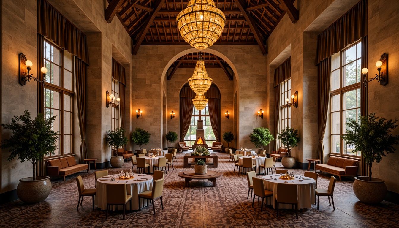 Prompt: Grand dining hall, Romanesque style architecture, majestic arches, vaulted ceilings, ornate columns, rustic stone walls, warm golden lighting, elegant chandeliers, refined wooden furniture, luxurious velvet drapes, intricate mosaic floors, richly patterned rugs, lavish greenery, natural stone fireplaces, cozy nooks, dramatic high ceilings, symmetrical composition, soft warm color palette, realistic textures, ambient occlusion.