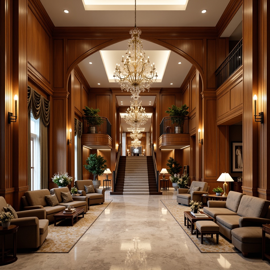 Prompt: Luxurious hotel lobby, rich wood tones, ornate furnishings, velvet drapes, golden accents, crystal chandeliers, marble floors, soft warm lighting, elegant archways, grand staircases, refined classicism style, muted earthy colors, beige walls, cream ceilings, dark wood paneling, subtle patterned carpets, sophisticated ambiance, warm inviting atmosphere, 1/1 composition, shallow depth of field, realistic textures.