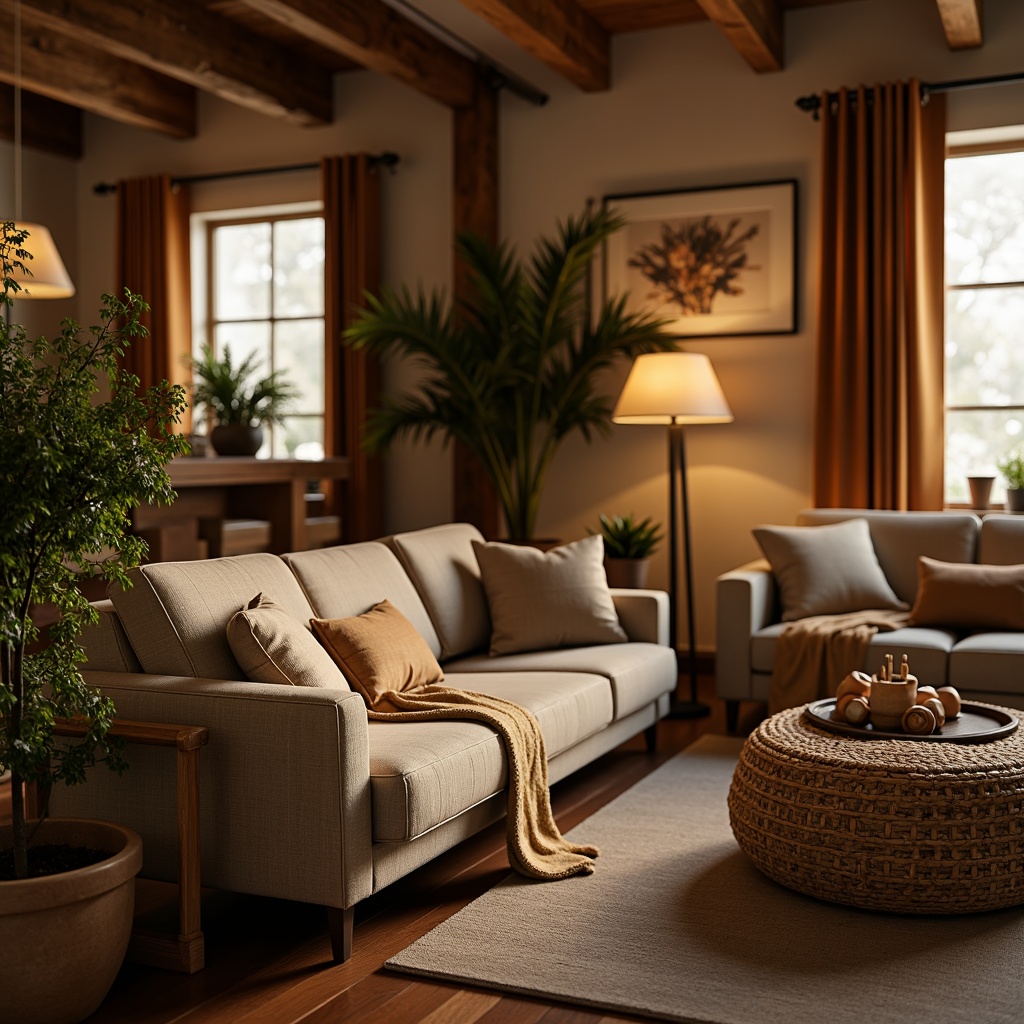 Prompt: Cozy living room, plush sofas, soft cushions, warm throw blankets, natural fiber upholstery, velvet fabrics, subtle sheen, earthy tones, comfortable seating, ergonomic design, ambient lighting, floor lamps, table lamps, warm beige walls, dark wood accents, woven baskets, potted plants, calming atmosphere, relaxing ambiance, soft focus, shallow depth of field, 1/1 composition, realistic textures.