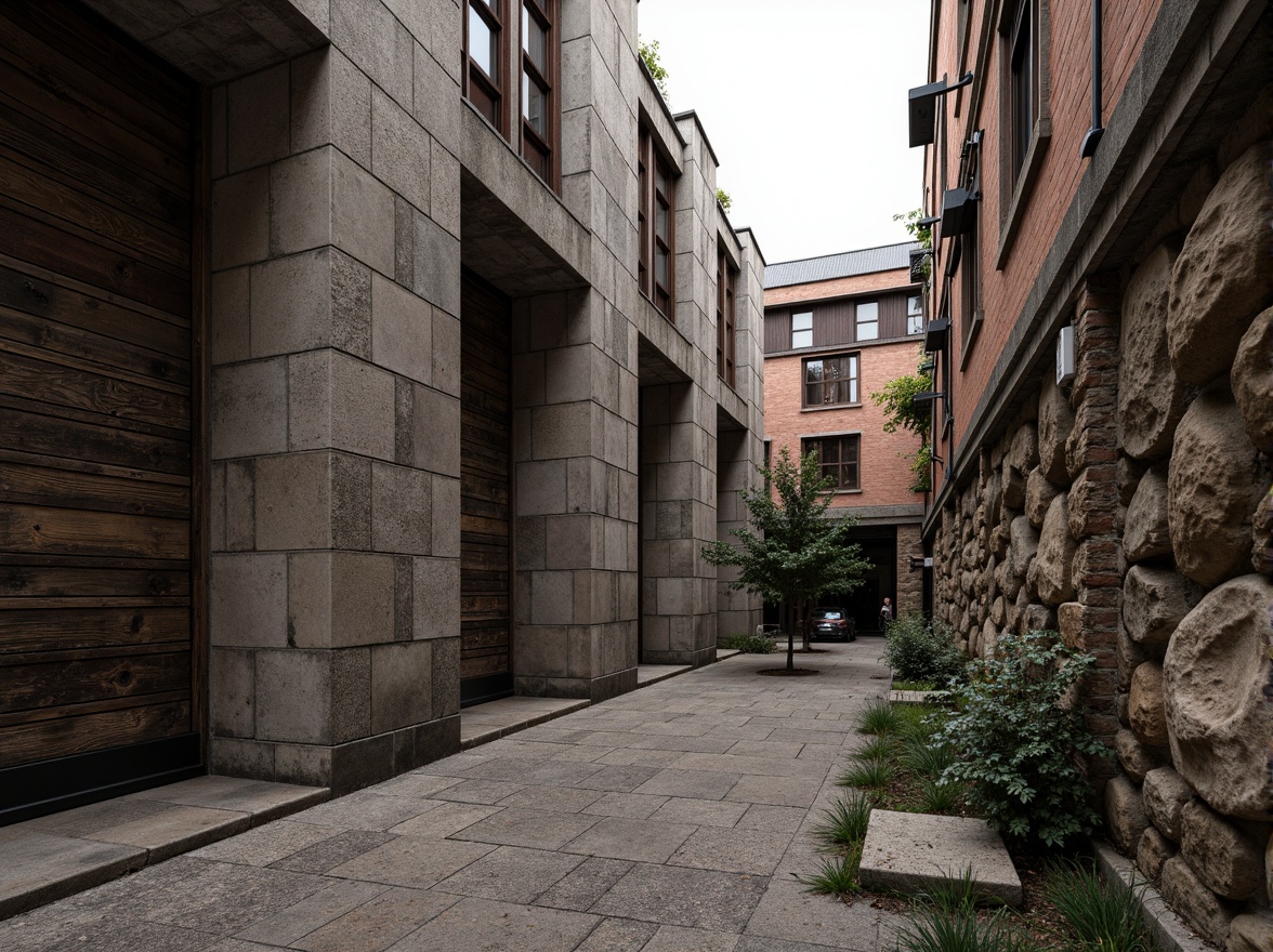 Prompt: Rustic stone walls, weathered wooden planks, rough-hewn concrete columns, tactile brick facades, ornate metalwork, intricate stonework patterns, natural rock formations, earthy tones, organic shapes, brutalist architecture, industrial chic aesthetic, urban landscape, overcast sky, dramatic shadows, high-contrast lighting, 1/2 composition, atmospheric perspective, realistic material rendering.