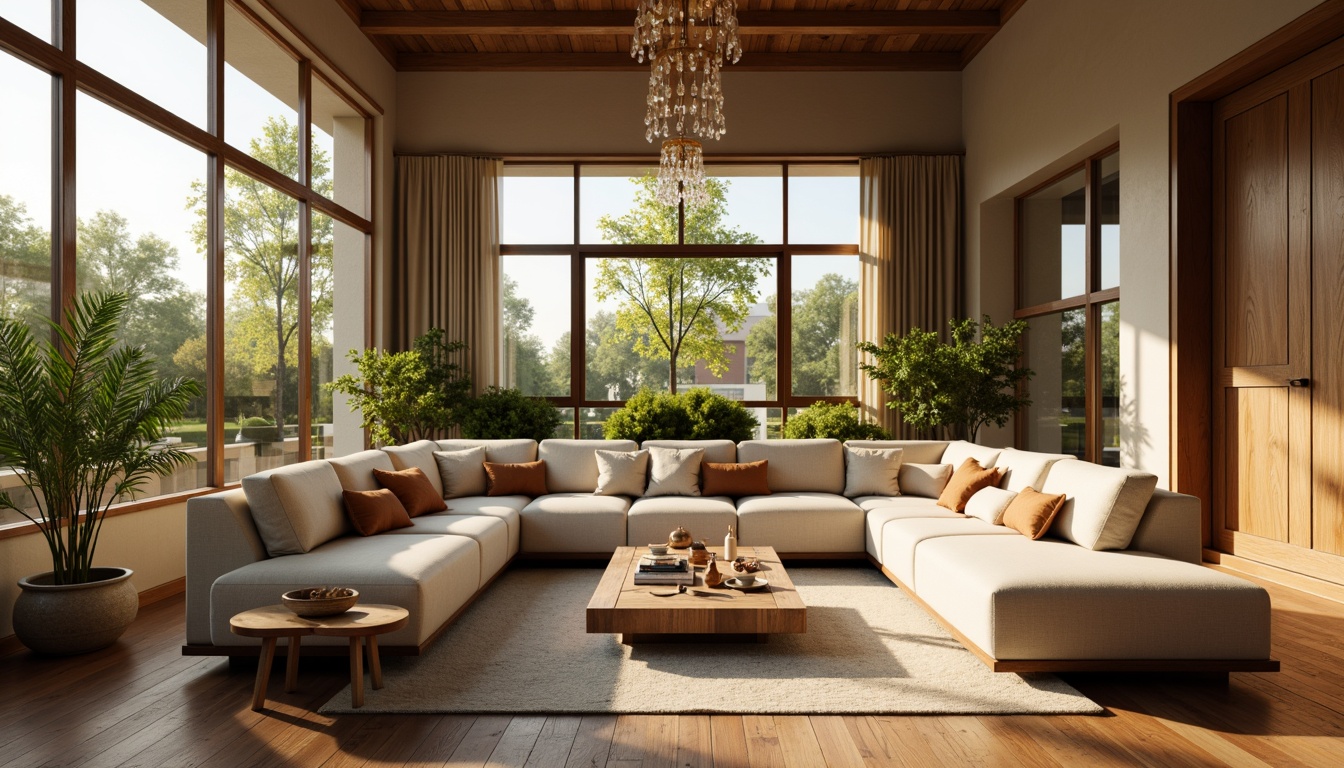 Prompt: Cozy living room, plush sofas, warm beige walls, rich wood flooring, soft golden lighting, comfortable throw pillows, modern minimalist decor, large windows, natural daylight, lush greenery views, elegant chandeliers, sophisticated color palette, calming atmosphere, shallow depth of field, 1/1 composition, realistic textures, ambient occlusion.