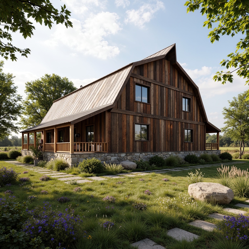 Prompt: Rustic barn, reclaimed wood, earthy tones, natural materials, weathered metal roofs, wooden beams, stone foundations, lush greenery, wildflowers, sunny day, soft warm lighting, shallow depth of field, 3/4 composition, panoramic view, realistic textures, ambient occlusion, eco-friendly design, sustainable building practices, rainwater harvesting systems, solar panels, wind turbines, composting toilets, recycled materials, low-carbon footprint, organic farm-to-table concept.