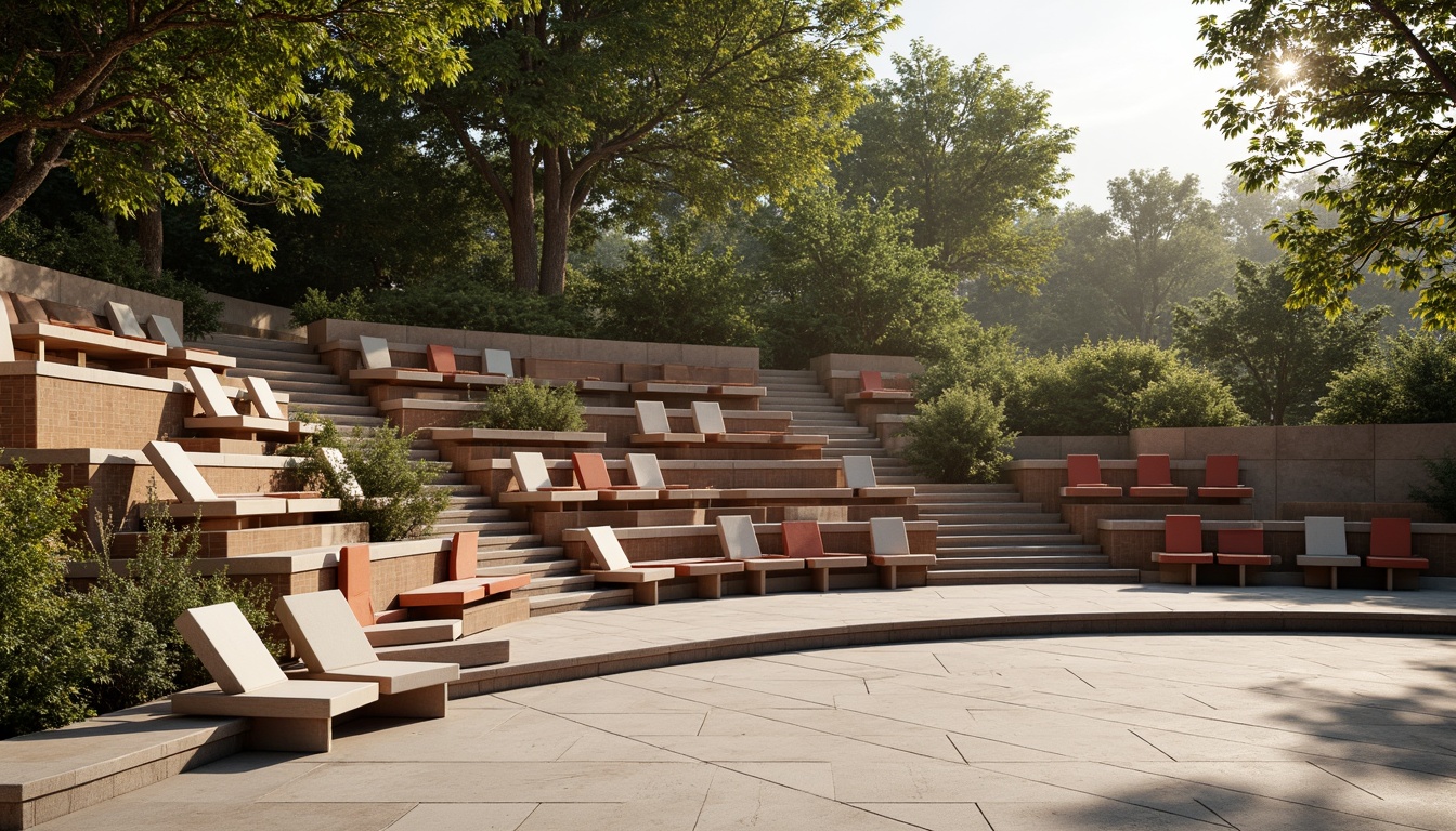 Prompt: Amphitheater seating area, minimalist design, sleek metal frames, curved rows, stepped platforms, wooden benches, ergonomic chairs, vibrant cushions, natural stone flooring, subtle lighting, soft shadows, 1/1 composition, shallow depth of field, realistic textures, ambient occlusion, warm afternoon light, gentle breeze, serene atmosphere.