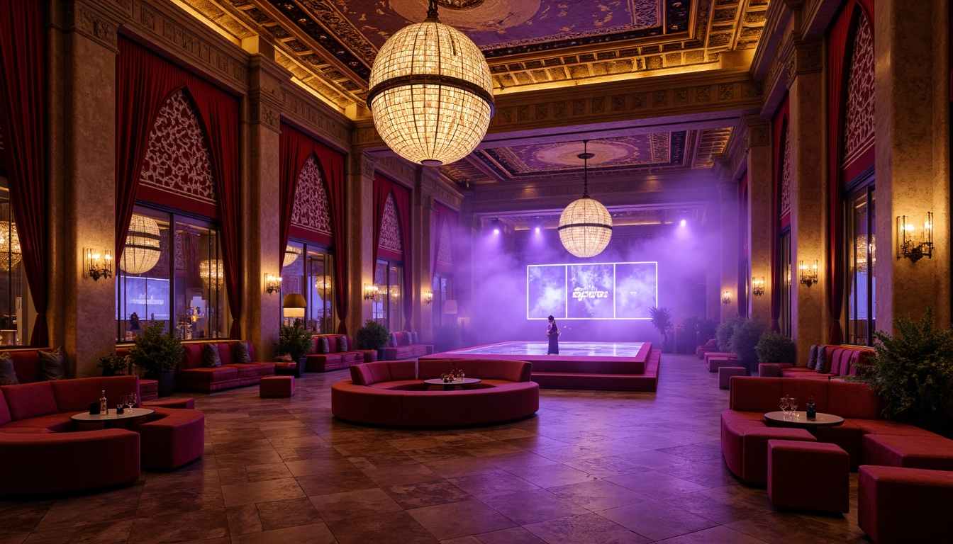 Prompt: Richly ornamented nightclub interior, Romanesque arches, grand chandeliers, luxurious velvet drapes, ornate golden accents, lavish marble floors, intimate VIP areas, plush crimson sofas, mystical purple lighting, fog machines, strobe lights, DJ booth with LED screens, elevated dance floor, majestic stone columns, intricate mosaics, warm candlelight, dramatic ceiling heights, 1/2 composition, low-key warm lighting, realistic reflections.