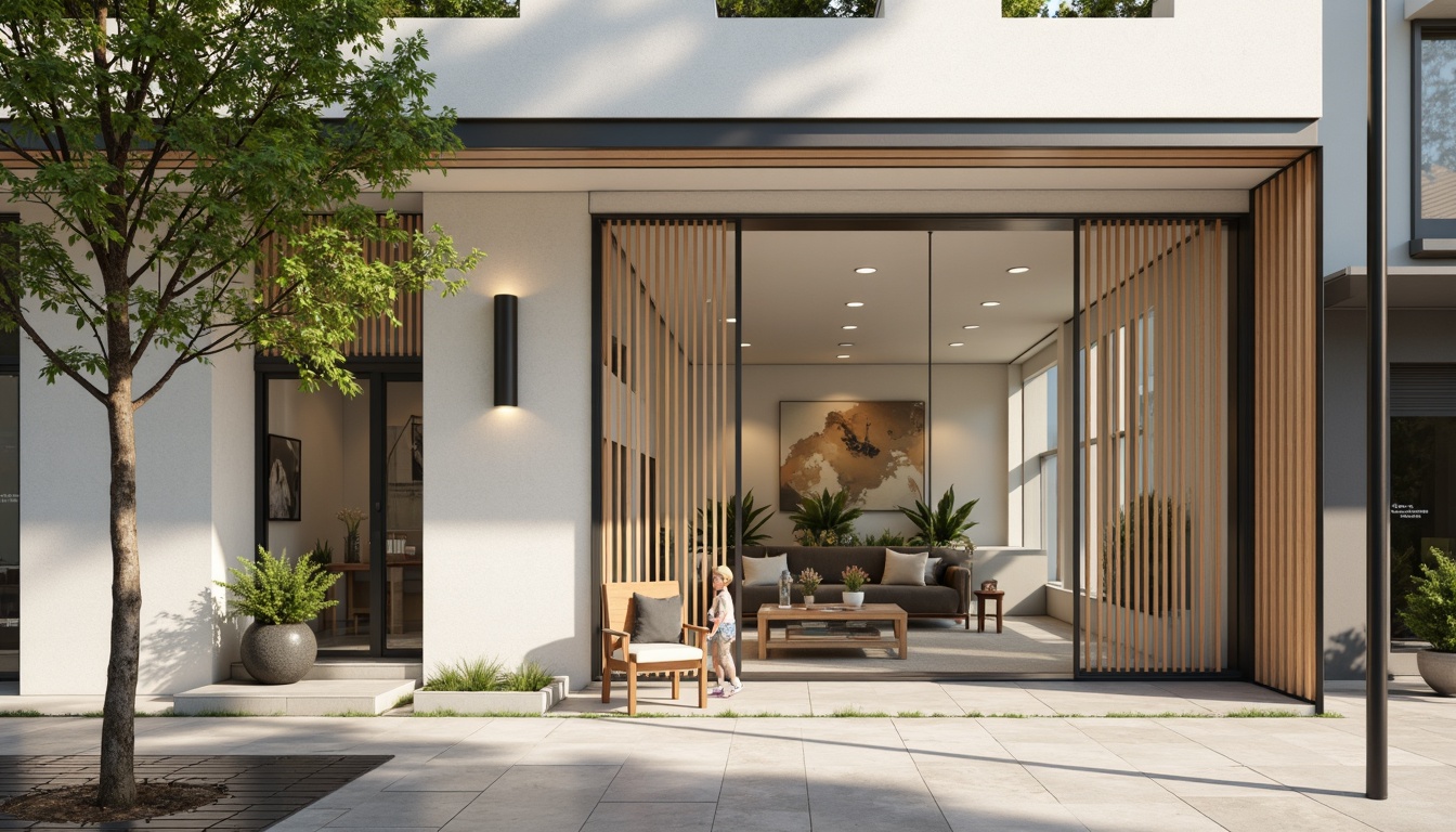 Prompt: Simple dental clinic facade, clean lines, minimal ornamentation, large glass windows, sliding doors, neutral color palette, white walls, wooden accents, subtle textures, natural stone flooring, modern LED lighting, soft warm ambiance, shallow depth of field, 1/1 composition, realistic reflections, ambient occlusion, urban cityscape, morning sunlight, gentle shadows.