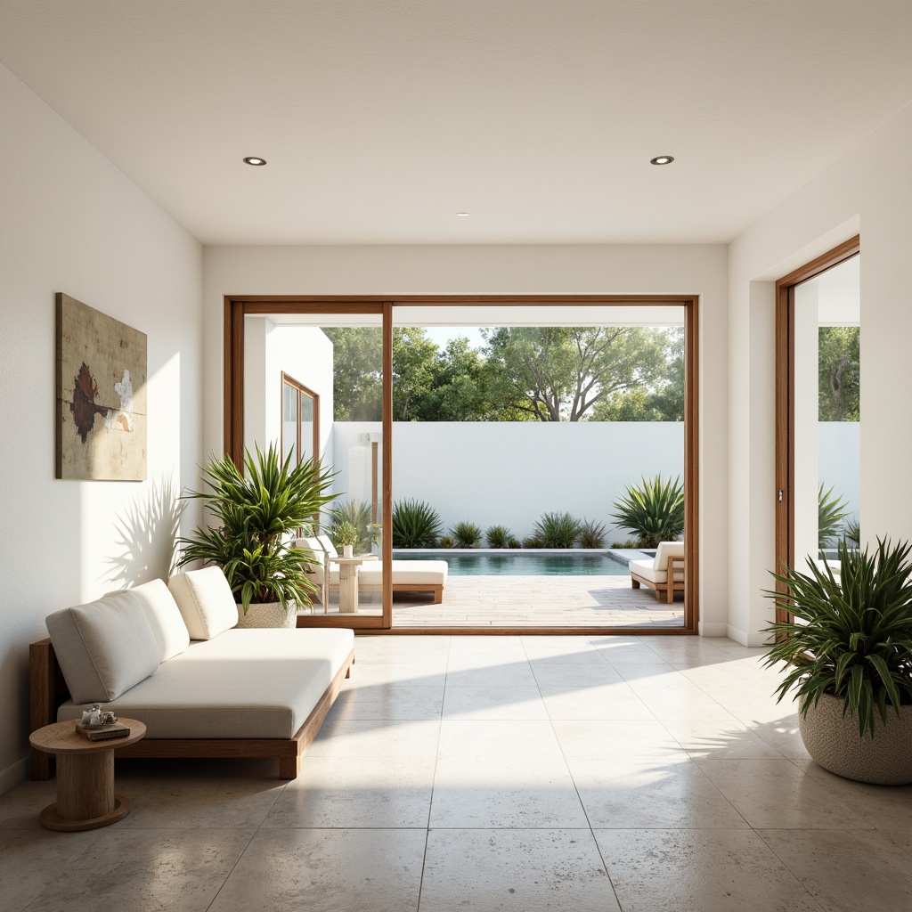 Prompt: Simple white walls, large windows, sliding glass doors, natural stone floors, minimal ornamentation, clean lines, monochromatic color scheme, abundant natural light, bright airy atmosphere, sparse greenery, potted plants, wooden accents, subtle textures, soft warm lighting, shallow depth of field, 3/4 composition, panoramic view, realistic reflections, ambient occlusion.