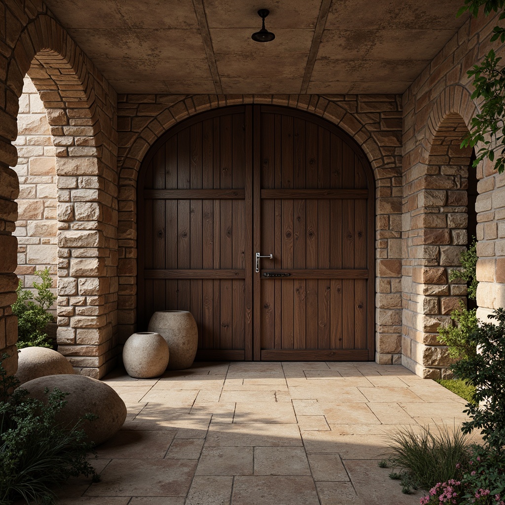 Prompt: Rustic stone walls, weathered wooden planks, rough-hewn concrete columns, tactile brick facades, ornate metalwork details, intricate stonework patterns, natural rock formations, earthy tones, organic shapes, curved lines, asymmetrical compositions, warm ambient lighting, soft shadows, high-contrast textures, realistic material renderings, detailed normal maps, subtle bump mapping, cinematic camera angles, dramatic depth of field.