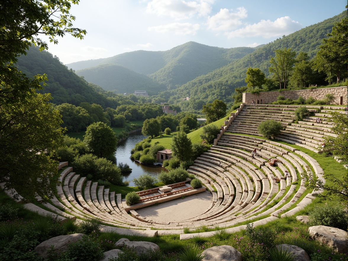 Prompt: Natural amphitheater setting, lush green hills, tiered seating areas, curved walkways, rustic stone walls, wooden benches, scenic overlooks, panoramic views, warm sunny day, soft diffused lighting, shallow depth of field, 3/4 composition, realistic textures, ambient occlusion, integrated landscape design, native plant species, meandering streams, water features, outdoor performance spaces, acoustic enhancements, comfortable gathering areas.