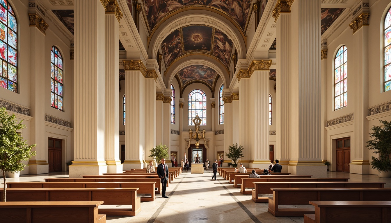 Prompt: Majestic neoclassical church, grandiose columns, ornate details, soft cream walls, rich gold accents, warm beige marble floors, stained glass windows, vibrant blue and red hues, intricate frescoes, high ceilings, dramatic archways, symmetrical composition, natural light pouring in, subtle shadows, realistic textures, ambient occlusion.