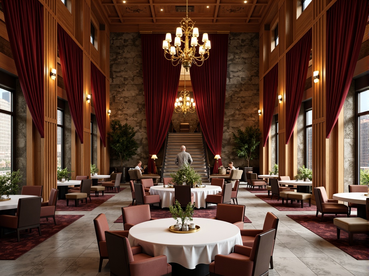 Prompt: Luxurious dining hall, rich wood paneling, velvet drapes, ornate chandeliers, marble flooring, metallic accents, plush furniture, natural stone walls, grand staircase, high ceilings, dramatic lighting, warm color palette, soft shadows, 1/1 composition, shallow depth of field, realistic textures, ambient occlusion.