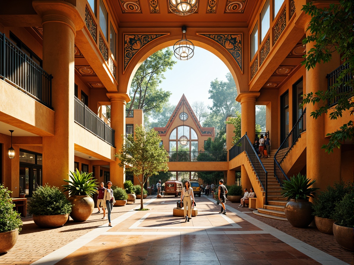 Prompt: Vibrant zoo entrance, ornate Art Deco buildings, bold geometric patterns, metallic accents, luxurious marble floors, intricate mosaics, exotic wood paneling, curved lines, ornamental ironwork, grand staircases, lavish chandeliers, tropical plants, lush greenery, sunny day, warm golden lighting, shallow depth of field, 1/1 composition, realistic textures, ambient occlusion.