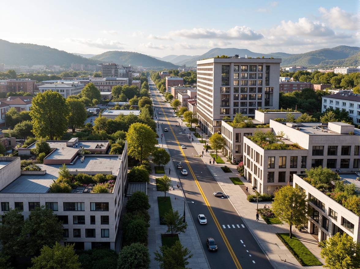 Prompt: Mixed-use development, urban parklands, green roofs, modern apartments, sleek skyscrapers, bustling streets, vibrant street art, pedestrian-friendly sidewalks, bike lanes, public transportation hubs, suburban homes, tree-lined avenues, rolling hills, natural reserves, sunny afternoons, soft warm lighting, shallow depth of field, 3/4 composition, panoramic view, realistic textures, ambient occlusion.