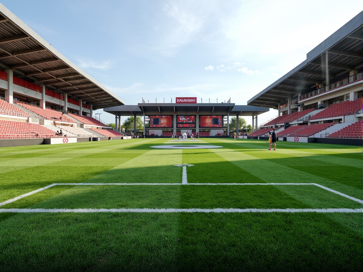 Prompt: Natural grass turf, athletic track lanes, sports equipment, goalposts, stadium seating, vibrant team colors, modern LED scoreboards, sleek metal railings, rubberized flooring, textured concrete walls, dynamic lighting systems, misting cooling systems, shaded spectator areas, 3/4 composition, panoramic view, realistic textures, ambient occlusion.