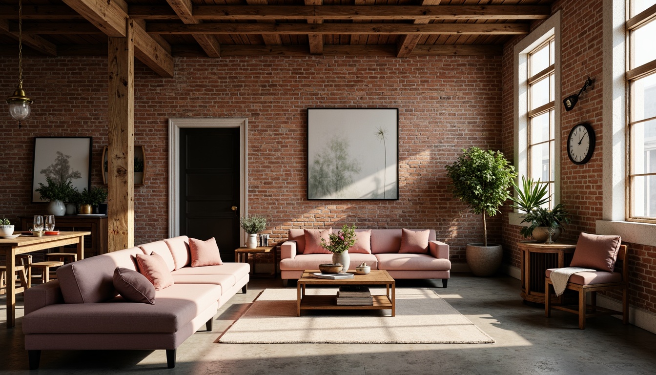 Prompt: Warm industrial loft, exposed brick walls, wooden beams, metal accents, soft warm lighting, cozy atmosphere, rich textiles, plush furnishings, vintage decorative items, distressed finishes, earthy tone color scheme, muted pastels, blush pinks, mauve, sage greens, creamy whites, warm beiges, rustic wood tones, natural stone floors, industrial chic decor, romantic ambiance, intimate setting, soft focus, shallow depth of field, 1/1 composition, realistic textures, ambient occlusion.