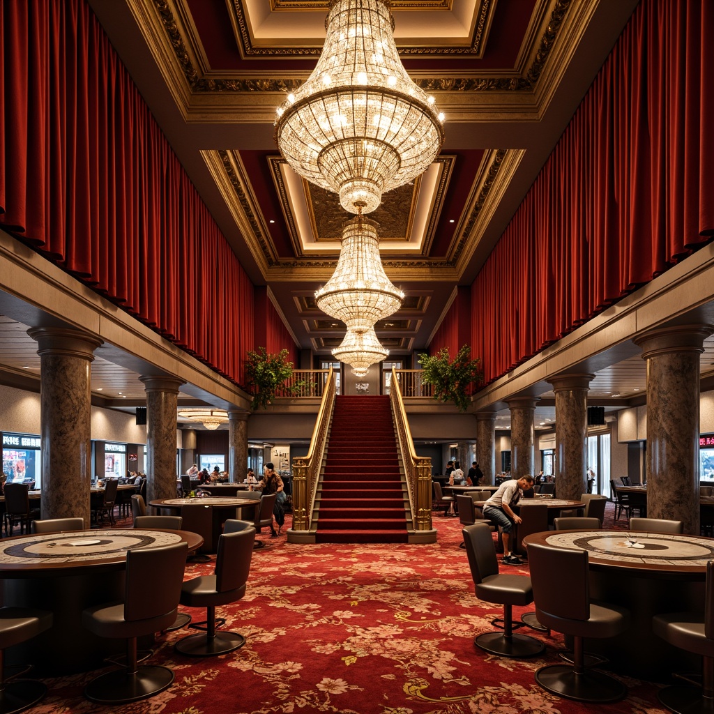 Prompt: Luxurious casino, rich velvet drapes, ornate golden accents, lavish crystal chandeliers, plush red carpets, intricate moldings, Baroque-inspired furnishings, opulent marble columns, grand staircases, warm soft lighting, dramatic spotlights, mysterious shadows, 3/4 composition, cinematic atmosphere, realistic textures, ambient occlusion.