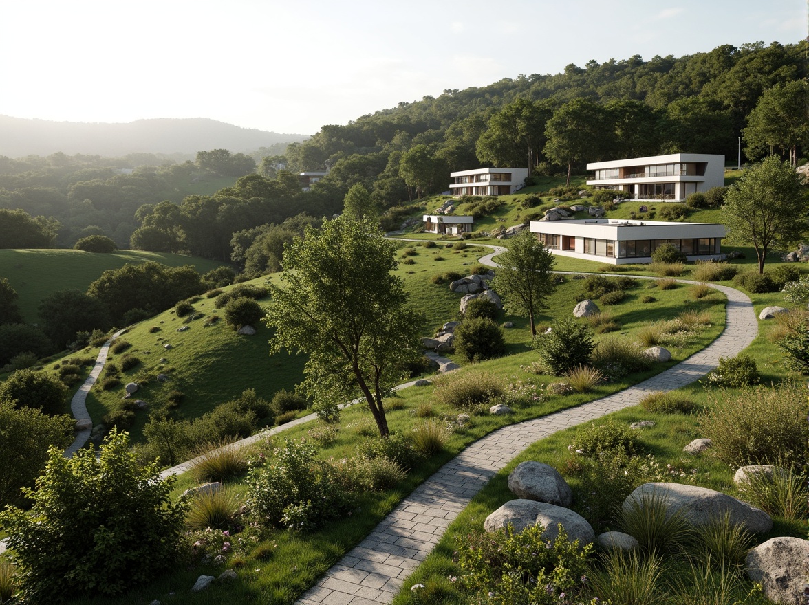 Prompt: Rustic hillside, lush green vegetation, winding stone pathways, modernist Bauhaus buildings, flat roofs, rectangular forms, industrial materials, steel frames, large windows, minimalist decor, functional design, harmonious integration, natural surroundings, rolling hills, serene atmosphere, soft diffused lighting, shallow depth of field, 2/3 composition, panoramic view, realistic textures, ambient occlusion.