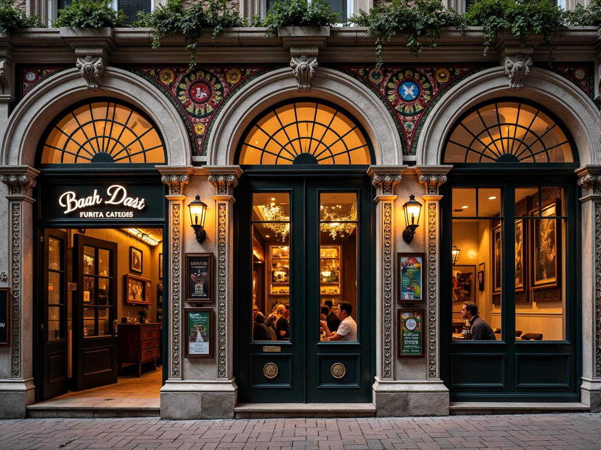 Prompt: Ornate pub facade, intricate stone carvings, grandiose entrance arches, ornamental metalwork, vibrant colorful tiles, eclectic mix of architectural styles, asymmetrical composition, irregular shapes, bold geometric patterns, rich textures, warm golden lighting, dramatic shadows, 1/1 composition, low-angle shot, cinematic atmosphere, realistic materials, ambient occlusion.