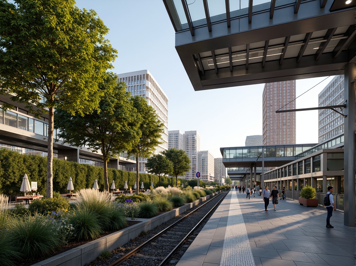 Prompt: Modern train station, sleek glass roofs, rainwater harvesting systems, green walls, lush vegetation, natural stone flooring, stainless steel handrails, LED lighting, energy-efficient systems, water conservation measures, grey water reuse, flood-resistant design, elevated platforms, cantilevered canopies, transparent glass fa\u00e7ades, urban landscape views, bustling city atmosphere, soft warm lighting, shallow depth of field, 3/4 composition, panoramic view, realistic textures, ambient occlusion.