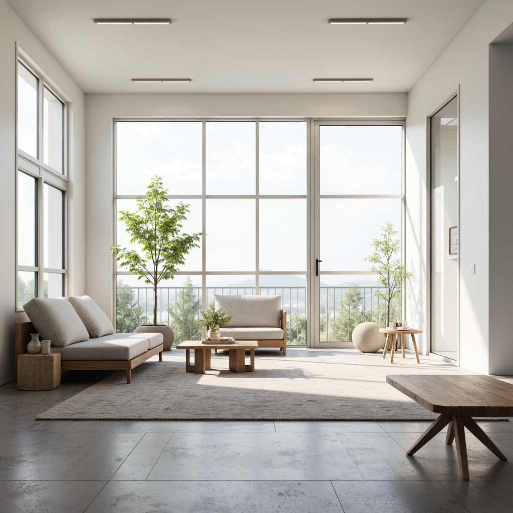 Prompt: Simple white walls, large windows, sliding glass doors, natural stone floors, minimal ornamentation, clean lines, monochromatic color scheme, abundant natural light, indirect sunlight, soft shadows, subtle textures, Nordic-inspired furniture, low-profile sofas, sleek coffee tables, potted greenery, airy atmosphere, calm ambiance, shallow depth of field, 1/1 composition, realistic rendering, ambient occlusion.