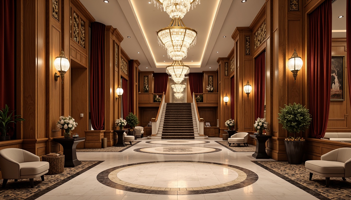 Prompt: Luxurious hotel lobby, marble floors, ornate chandeliers, grand staircase, rich wood paneling, velvet drapes, golden accents, intricate moldings, neoclassical columns, crystal sconces, plush furnishings, soft warm lighting, shallow depth of field, 1/1 composition, realistic textures, ambient occlusion.