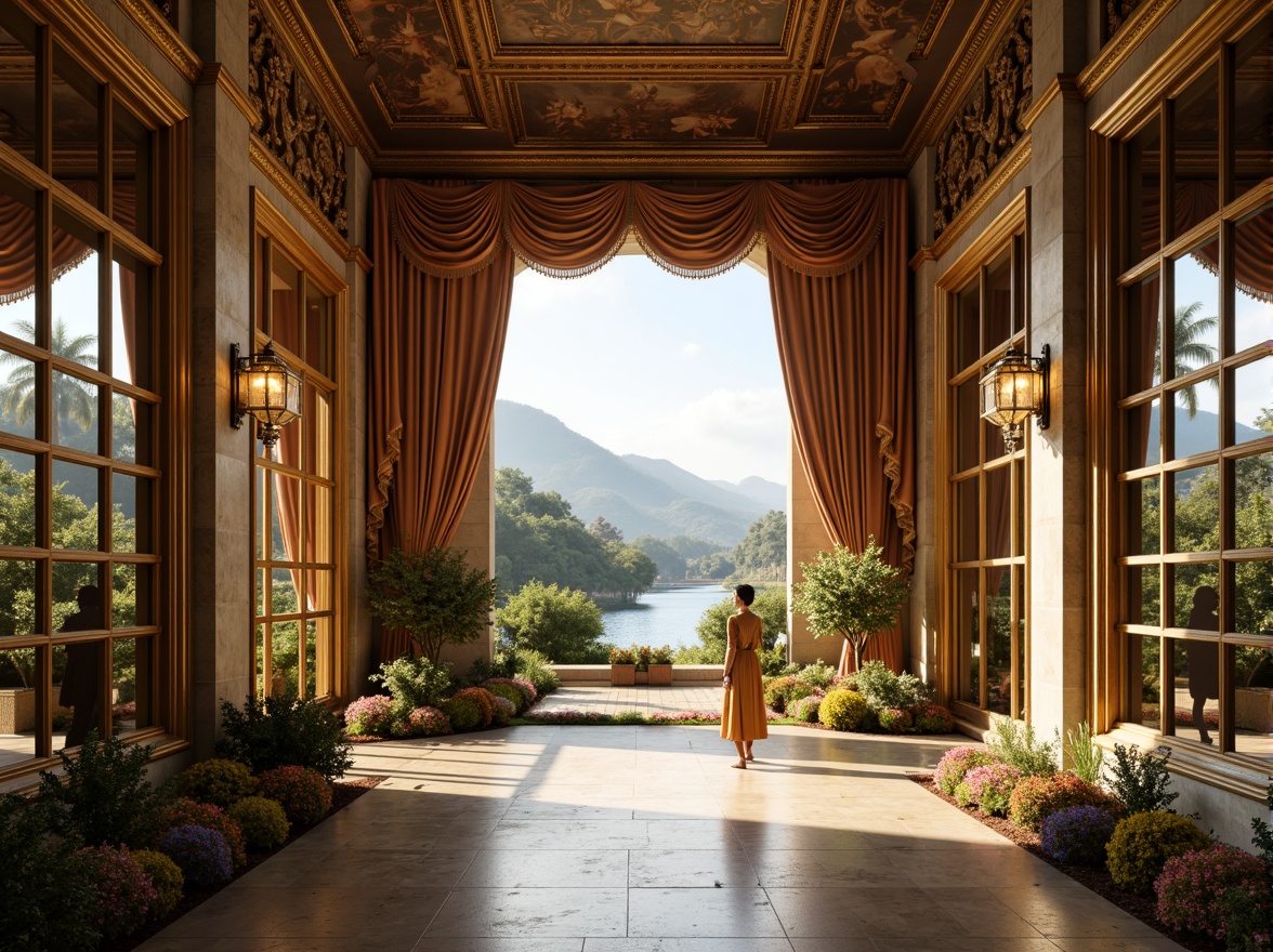 Prompt: Grand Renaissance-style gallery, ornate golden frames, lavish velvet drapes, marble floors, crystal chandeliers, majestic stone columns, intricate fresco ceilings, soft warm lighting, shallow depth of field, 3/4 composition, panoramic view, realistic textures, ambient occlusion, serene natural landscape, rolling hills, lush greenery, vibrant flowers, tranquil lake, misty morning, warm sunlight, gentle breeze, rustic wooden benches, meandering stone pathways.