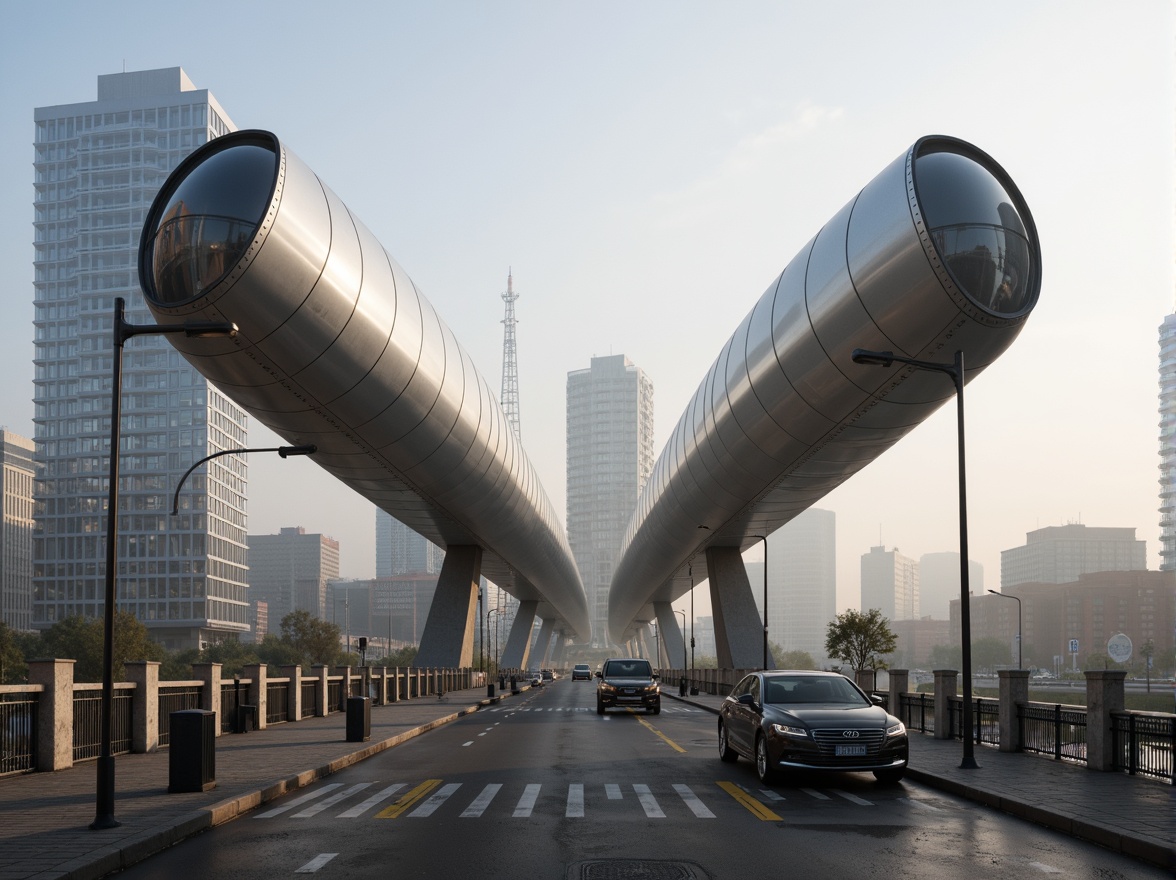 Prompt: Sleek vehicular bridge, curved lines, aerodynamic shape, metallic materials, silver coatings, riveted details, industrial textures, urban cityscape, morning fog, soft warm lighting, shallow depth of field, 1/1 composition, symmetrical view, realistic reflections, ambient occlusion, reinforced concrete piers, cantilevered sections, suspension cables, roadway markings, pedestrian walkways, modern streetlights.