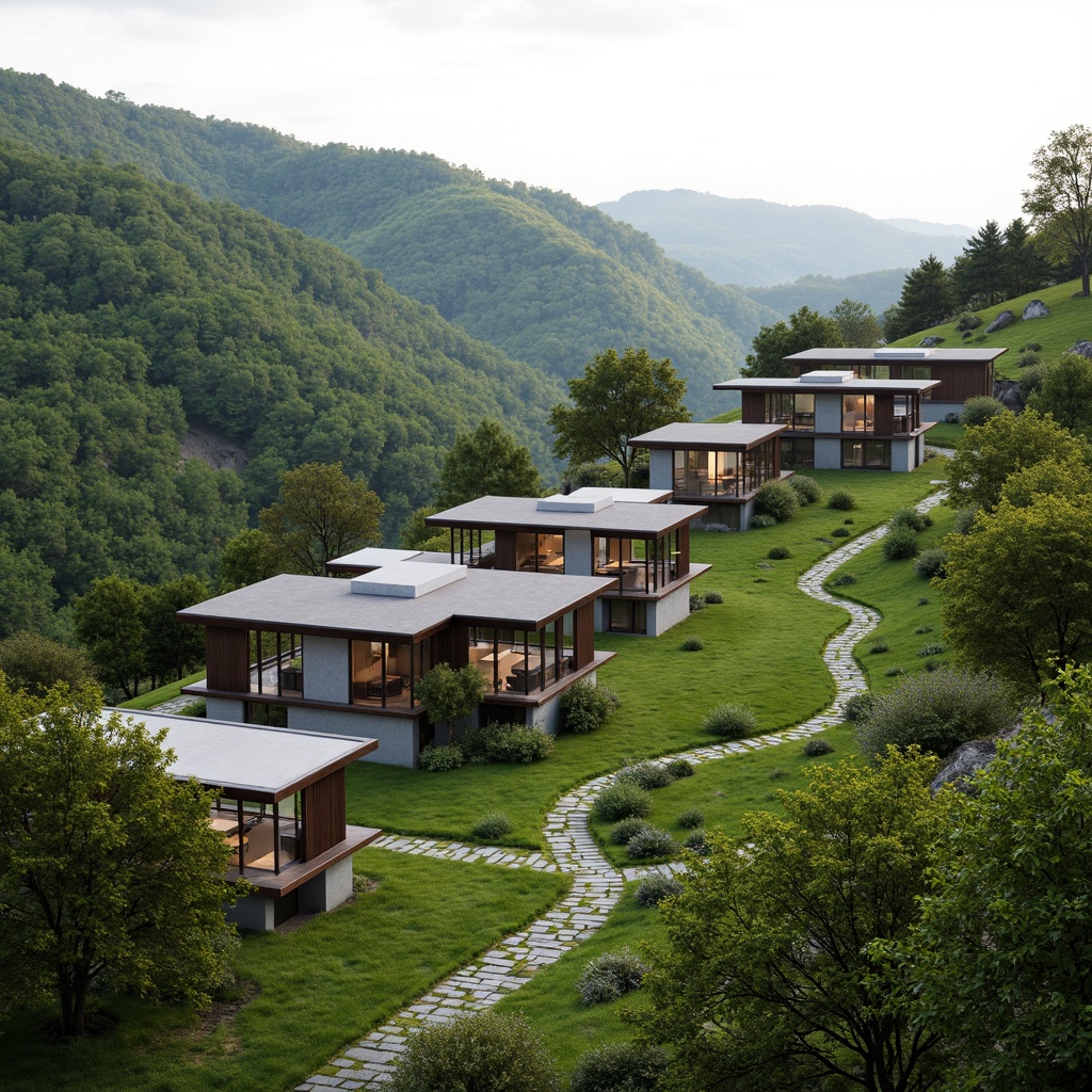 Prompt: Rustic hillside, lush green vegetation, winding stone pathways, modernist Bauhaus buildings, flat roofs, rectangular forms, industrial materials, steel frames, large windows, minimalist decor, functional design, harmonious integration, natural surroundings, rolling hills, serene atmosphere, soft diffused lighting, shallow depth of field, 2/3 composition, panoramic view, realistic textures, ambient occlusion.