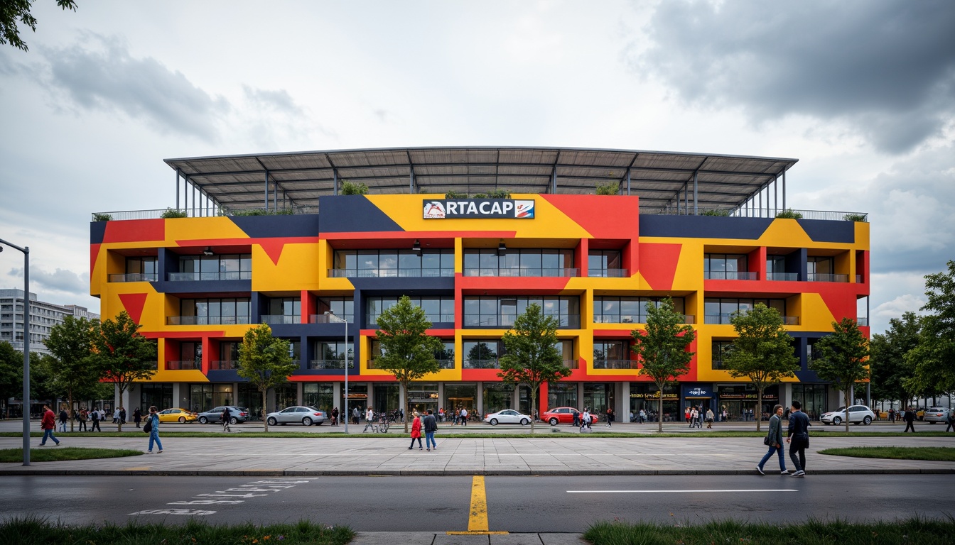 Prompt: Geometric stadium facade, bold primary colors, industrial materials, exposed steel beams, cantilevered roofs, asymmetrical compositions, functionalist aesthetics, minimalist ornamentation, rectangular forms, clean lines, brutalist influences, urban landscape, cloudy sky, dramatic lighting, high-contrast shadows, 1/2 composition, low-angle shot, realistic renderings, ambient occlusion.