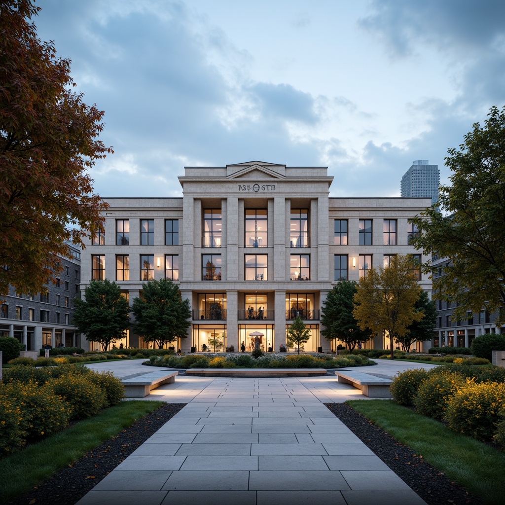 Prompt: Grand courthouse building, neoclassical architecture, symmetrical facade, granite stone walls, ornate columns, majestic entrance, manicured lawns, vibrant flower beds, walking paths, mature trees, seasonal foliage, natural stone benches, modern streetlights, urban cityscape, cloudy blue sky, soft warm lighting, shallow depth of field, 1/2 composition, realistic textures, ambient occlusion.