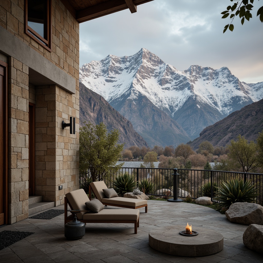 Prompt: Rugged mountain peaks, snow-capped summits, earthy tones, weathered wood accents, natural stone walls, rustic metal fixtures, warm beige stucco, rich brown timbers, misty atmospheric effects, soft crepuscular lighting, shallow depth of field, 2/3 composition, cinematic view, realistic rock textures, ambient occlusion.