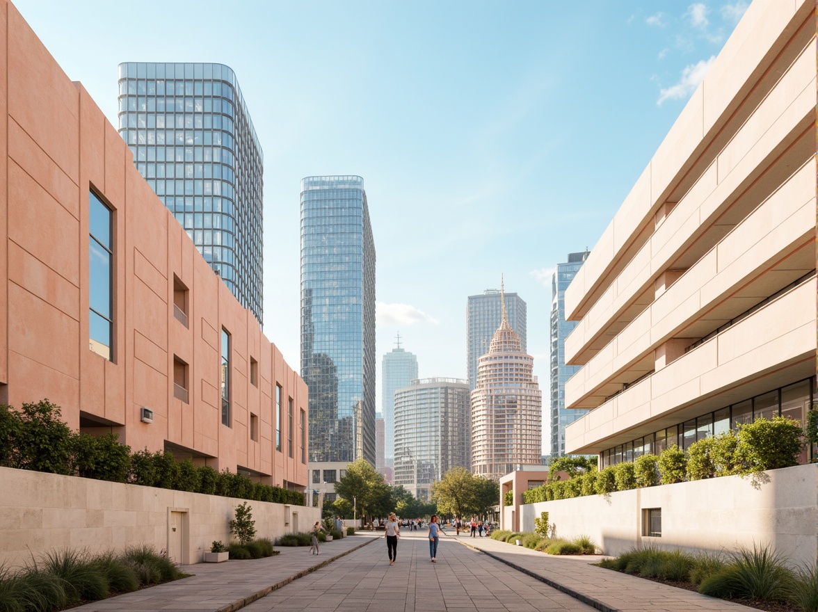 Prompt: Vibrant cityscape, modern skyscrapers, sleek glass facades, harmonious color schemes, pastel hues, soft peach tones, calming blue accents, warm beige textures, natural stone walls, minimalist design, elegant typography, subtle gradient effects, ambient lighting, shallow depth of field, 1/1 composition, realistic reflections, detailed architectural details.