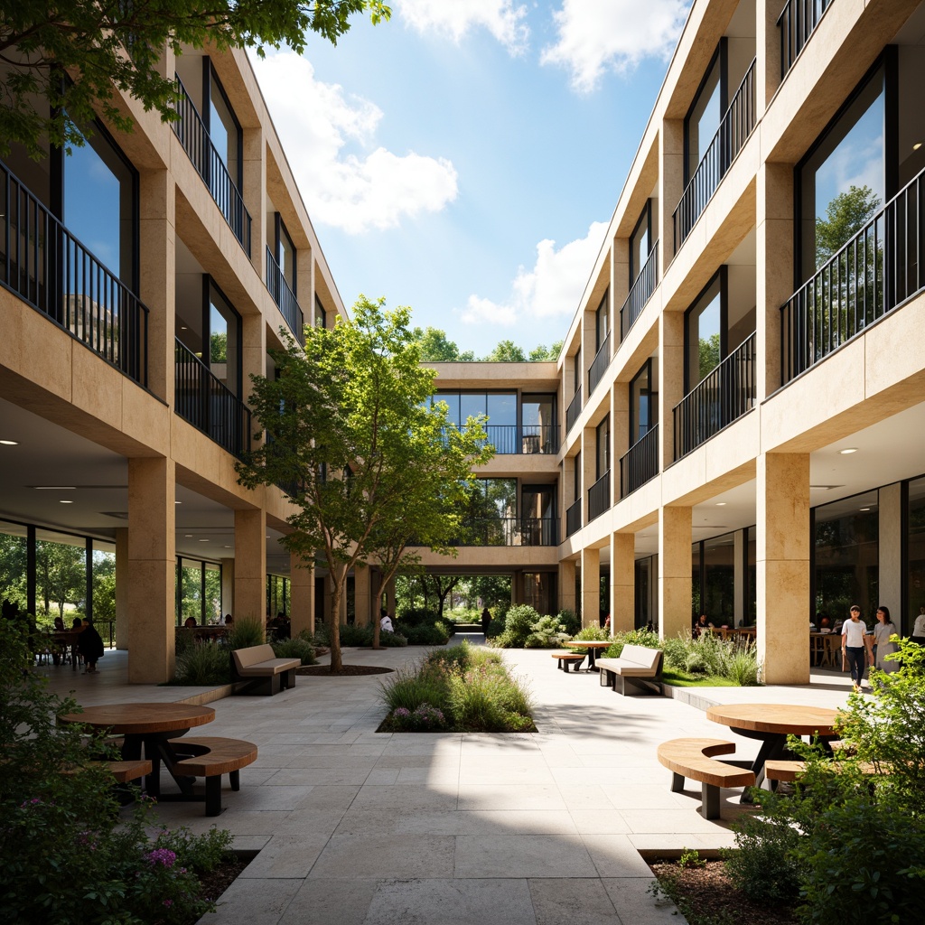 Prompt: Vibrant student hall, open courtyard, lush greenery, natural stone flooring, wooden benches, educational signage, modern architecture, large windows, glass doors, blooming trees, sunny day, soft warm lighting, shallow depth of field, 3/4 composition, panoramic view, realistic textures, ambient occlusion, communal seating areas, flexible furniture arrangements, collaborative learning spaces, social interaction zones, relaxation nooks, calming water features, natural ventilation systems, energy-efficient design.