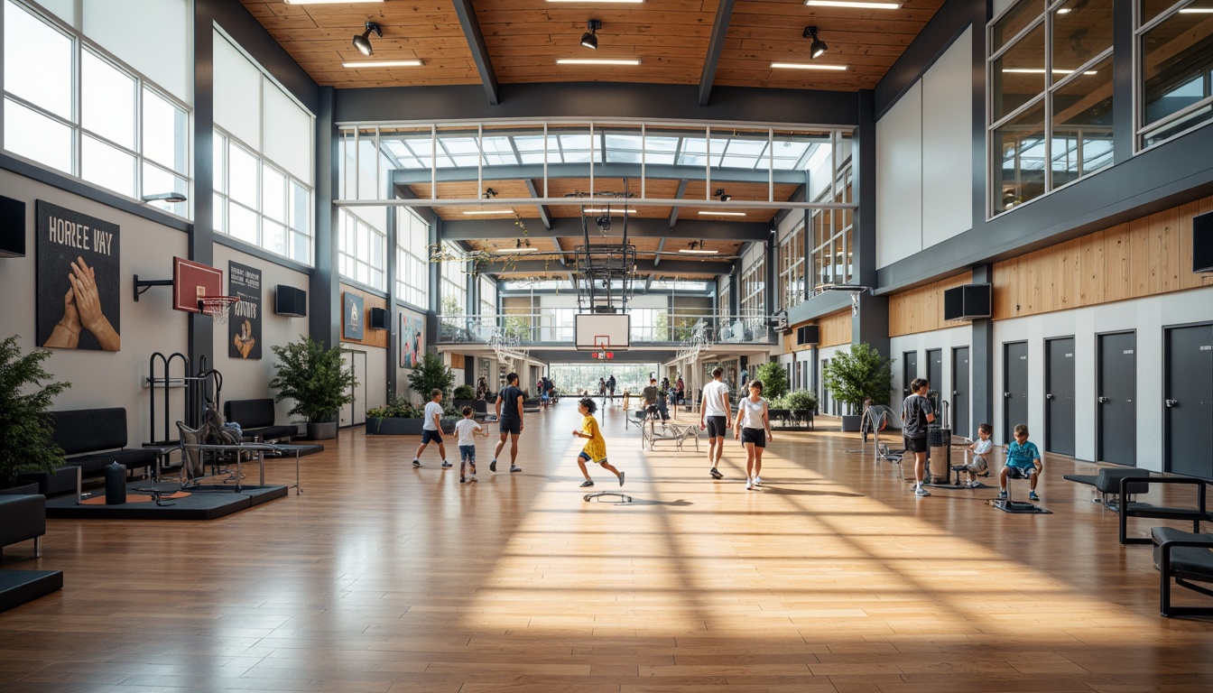 Prompt: Modern gymnasium interior, open-plan layout, high ceilings, natural light, polished wooden floors, athletic equipment, basketball hoops, volleyball nets, exercise machines, free weights, mirrored walls, motivational quotes, inspirational posters, spacious locker rooms, individual showers, stainless steel fixtures, bright color scheme, energetic atmosphere, shallow depth of field, 1/1 composition, realistic textures, ambient occlusion.