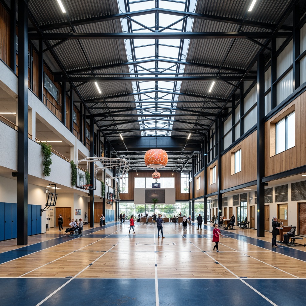 Prompt: Modern gymnasium interior, exposed structural frame, sleek steel beams, minimalist columns, polished concrete floors, industrial-style lighting, large windows, natural ventilation, open spaces, athletic equipment, basketball hoops, volleyball nets, exercise machines, wooden bleachers, dynamic color schemes, bold typography, geometric patterns, urban atmosphere, high ceilings, abundant natural light, shallow depth of field, 1/1 composition, realistic textures, ambient occlusion.