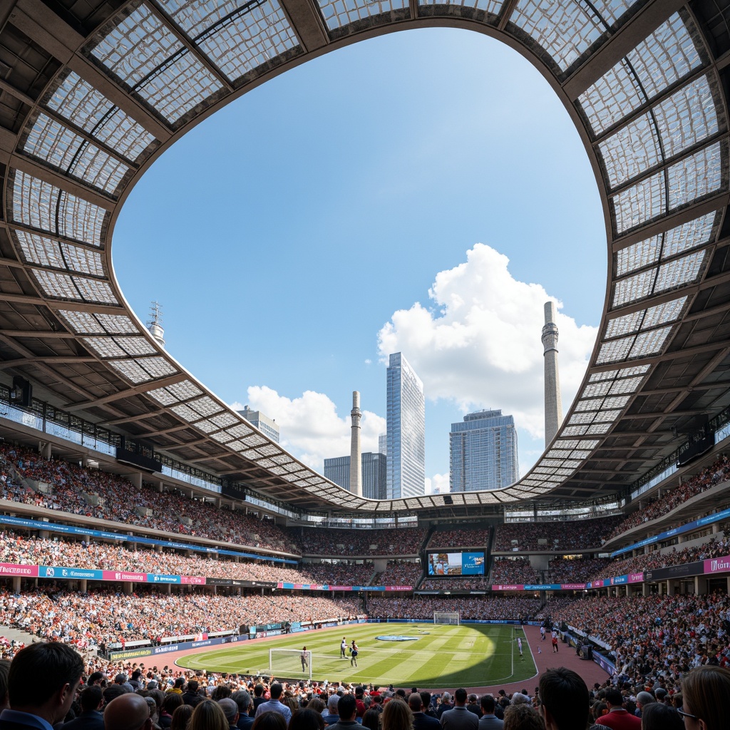 Prompt: Modern stadium architecture, perforated metal panels, sleek curved lines, cantilevered roofs, vibrant LED lighting, bustling crowd atmosphere, urban cityscape backdrop, sunny day with fluffy clouds, shallow depth of field, 1/2 composition, realistic reflections, ambient occlusion, natural stone flooring, polished concrete walls, dynamic sports equipment, athletic tracks, goalposts, scoreboards, spectator seating areas, VIP lounges, concession stands, modern amenities, sustainable building materials, energy-efficient systems.