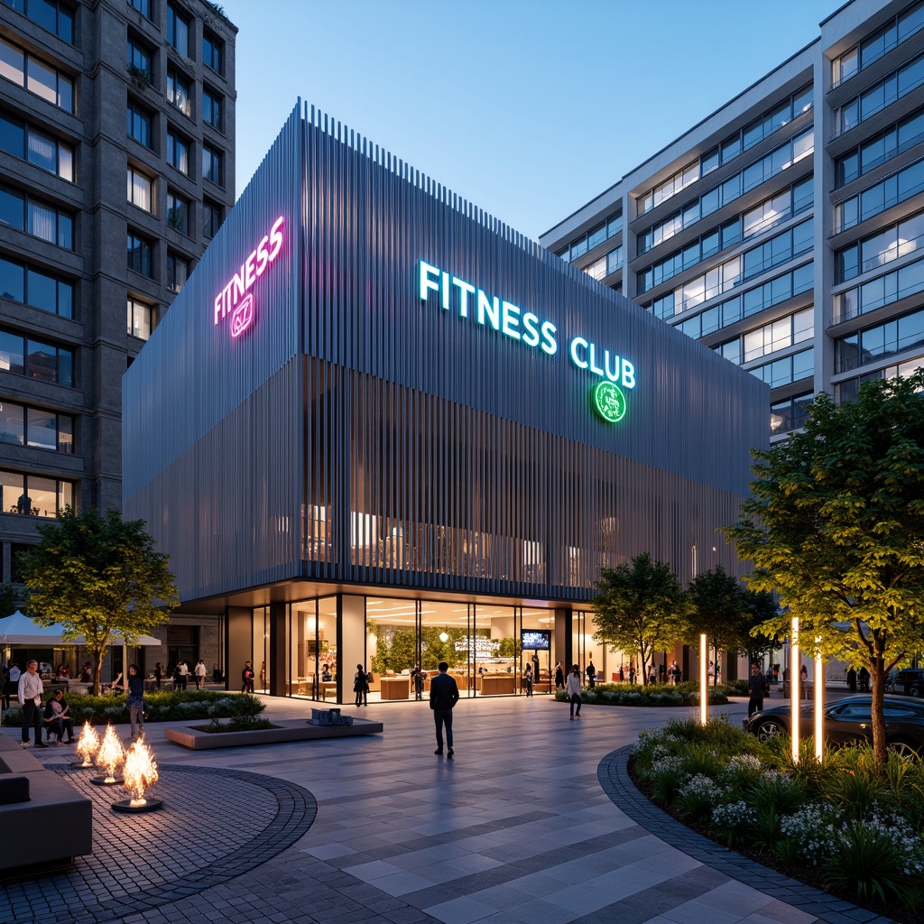 Prompt: Futuristic fitness club exterior, sleek metal fa\u00e7ade, neon-lit signage, urban cityscape background, modern streetlights, pedestrian walkways, green roofs, living walls, vertical gardens, minimalist water features, geometric-patterned pavement, vibrant LED lighting, misting systems, outdoor seating areas, abstract sculptures, dynamic shadows, high-contrast textures, shallow depth of field, 3/4 composition, panoramic view.