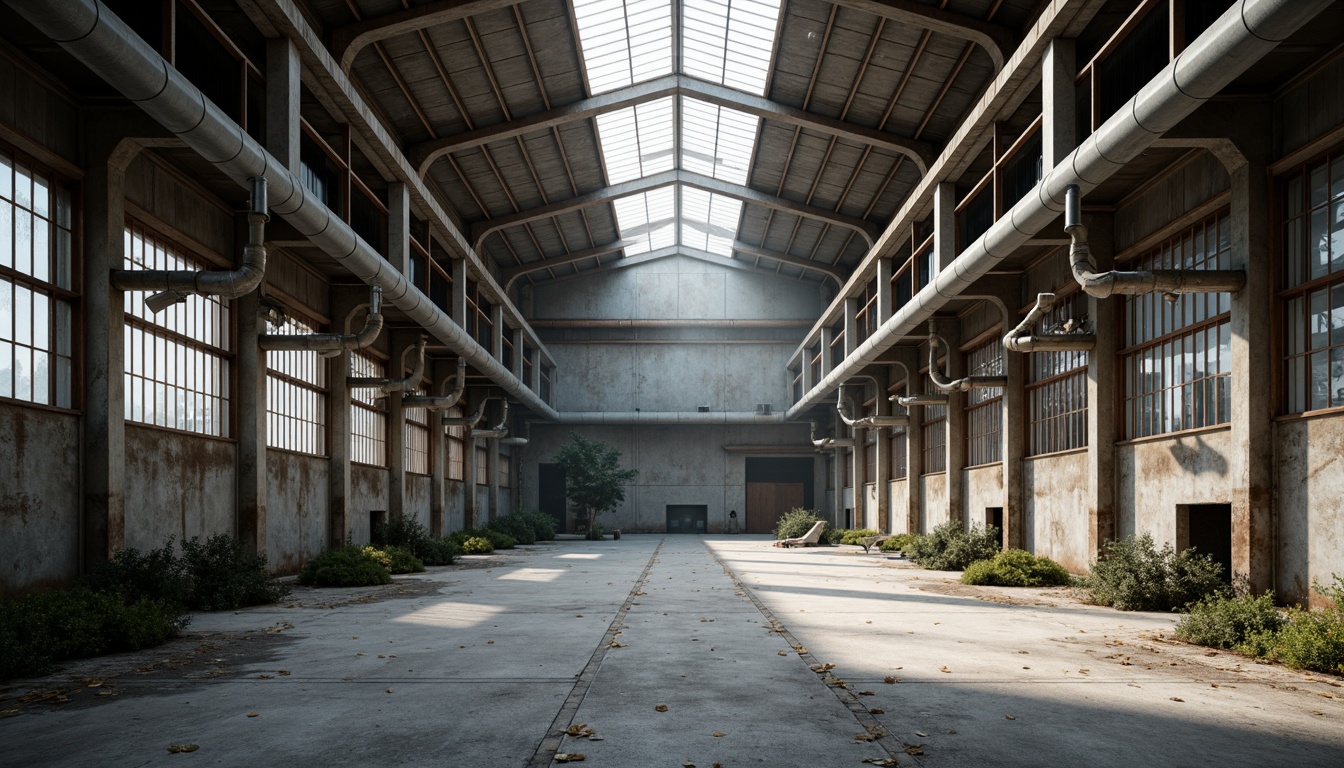 Prompt: Exposed ductwork, industrial pipes, concrete floors, raw steel beams, brutalist architecture, urban decay, abandoned warehouse, distressed walls, rusty metal accents, functional minimalism, utilitarian design, overhead crane systems, pulley mechanisms, natural light pouring in, high ceilings, open spaces, dramatic shadows, low-key lighting, cinematic atmosphere, 1-point perspective, symmetrical composition, gritty textures, realistic wear and tear.