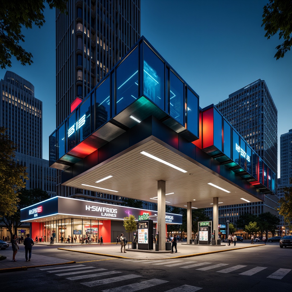 Prompt: Futuristic gas station, constructivist architecture, bold geometric shapes, metallic fa\u00e7ade, neon lights, vibrant colors, angular lines, industrial materials, concrete structures, steel beams, glass canopies, modern fuel pumps, sleek signage, urban cityscape, busy streets, night scene, dramatic lighting, high contrast, 1/2 composition, shallow depth of field, realistic reflections.