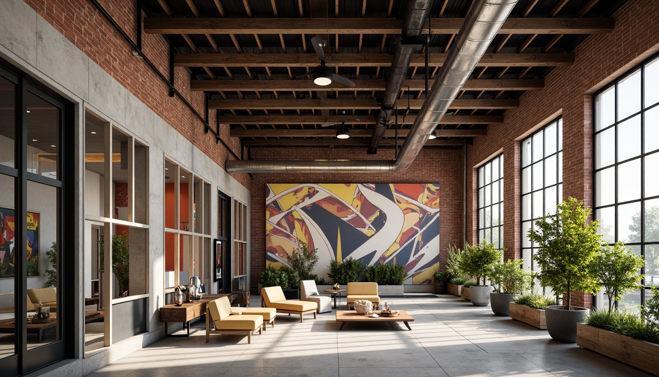 Prompt: Exposed brick walls, industrial metal beams, reclaimed wood accents, large glass windows, minimalist decor, urban loft atmosphere, international warehouse style, modern creative facade design, bold color blocking, geometric patterned steel panels, abstract graffiti murals, edgy architectural lines, functional interior spaces, open floor plans, high ceilings, natural light pouring in, soft warm ambiance, shallow depth of field, 3/4 composition, realistic textures, ambient occlusion.