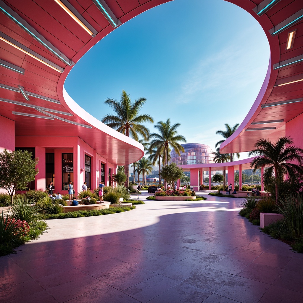 Prompt: Vibrant cinematic landscape, sweeping curves, futuristic architecture, neon lights, retro-futuristic elements, sleek metallic surfaces, geometric patterns, minimalist design, palm trees, tropical plants, warm sunny day, clear blue sky, vast open space, dramatic camera angles, low-angle shots, high-contrast lighting, cinematic color grading, 2.35