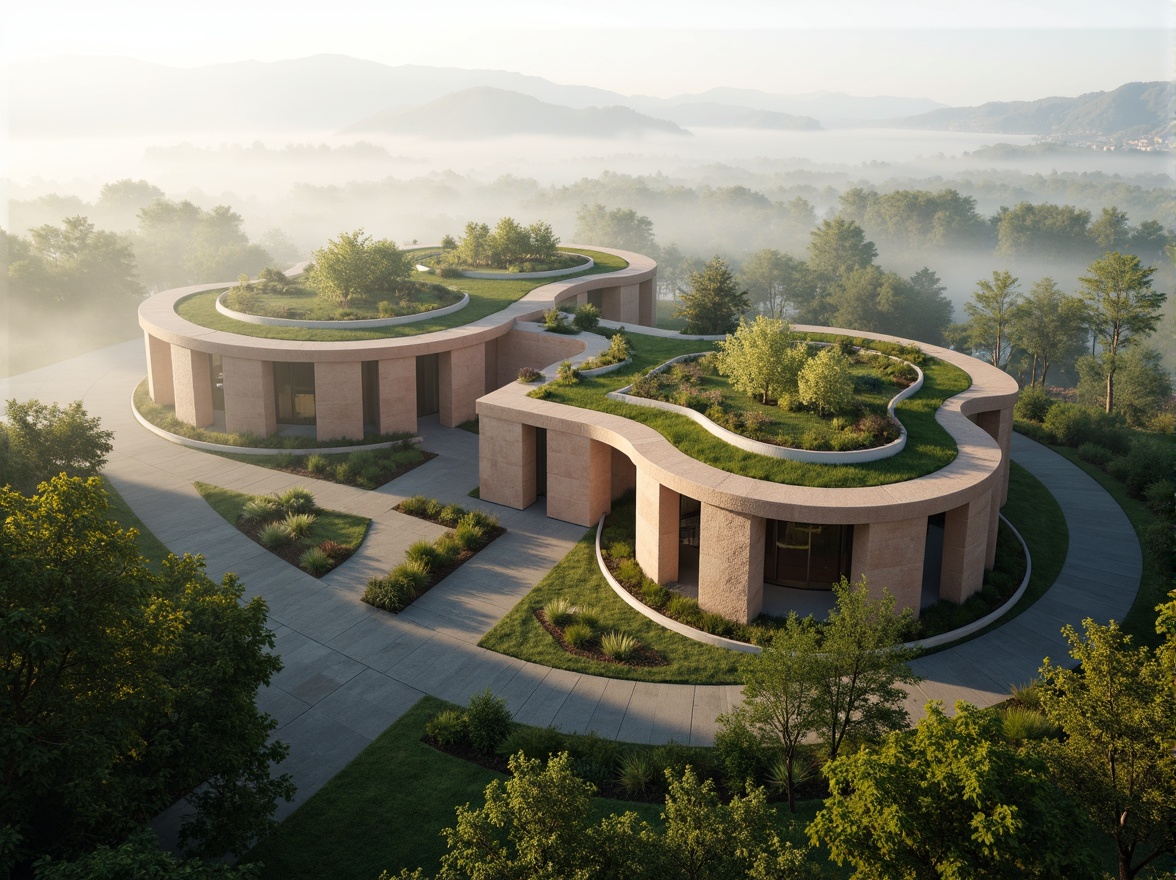 Prompt: Curved courthouse facade, undulating walls, bulbous columns, organic shapes, natural stone materials, earthy color palette, lush green roofs, verdant surroundings, misty morning atmosphere, soft warm lighting, shallow depth of field, 1/1 composition, realistic textures, ambient occlusion, futuristic Blobitecture style, flowing lines, irregular forms, avant-garde architecture, innovative structural systems.