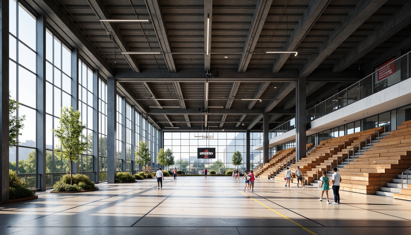 Prompt: Modern gymnasium interior, exposed structural frame, sleek steel beams, minimalist columns, polished concrete floors, industrial-style lighting, large windows, natural ventilation, open spaces, athletic equipment, basketball hoops, volleyball nets, exercise machines, wooden bleachers, dynamic color scheme, bold typography, geometric patterns, urban atmosphere, high ceilings, abundant natural light, shallow depth of field, 1/1 composition, realistic textures, ambient occlusion.